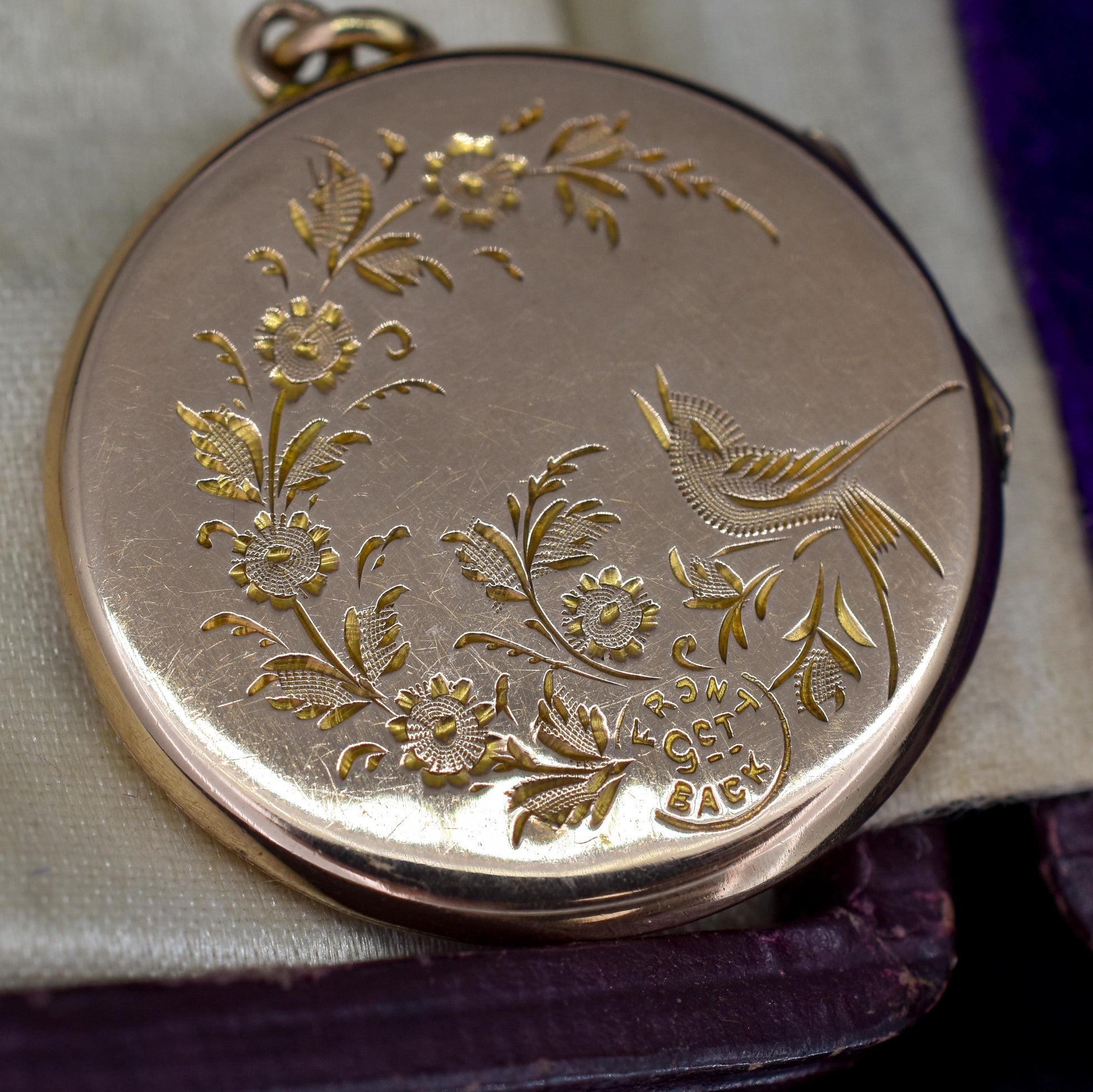 Antique Engraved Fancy Round Flower Basket and Swallow Bird Gold Locket Pendant