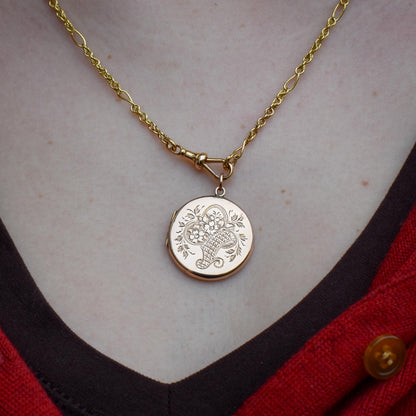 Antique Engraved Fancy Round Flower Basket and Swallow Bird Gold Locket Pendant