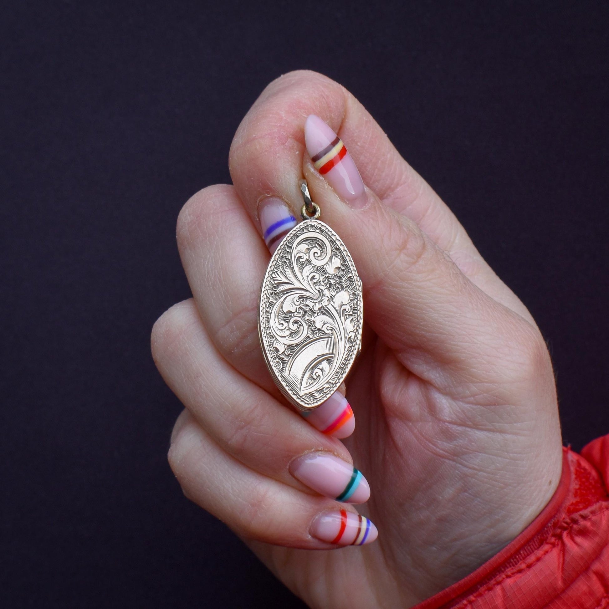 Antique Gold Engraved Fancy Navette Shaped Locket Pendant