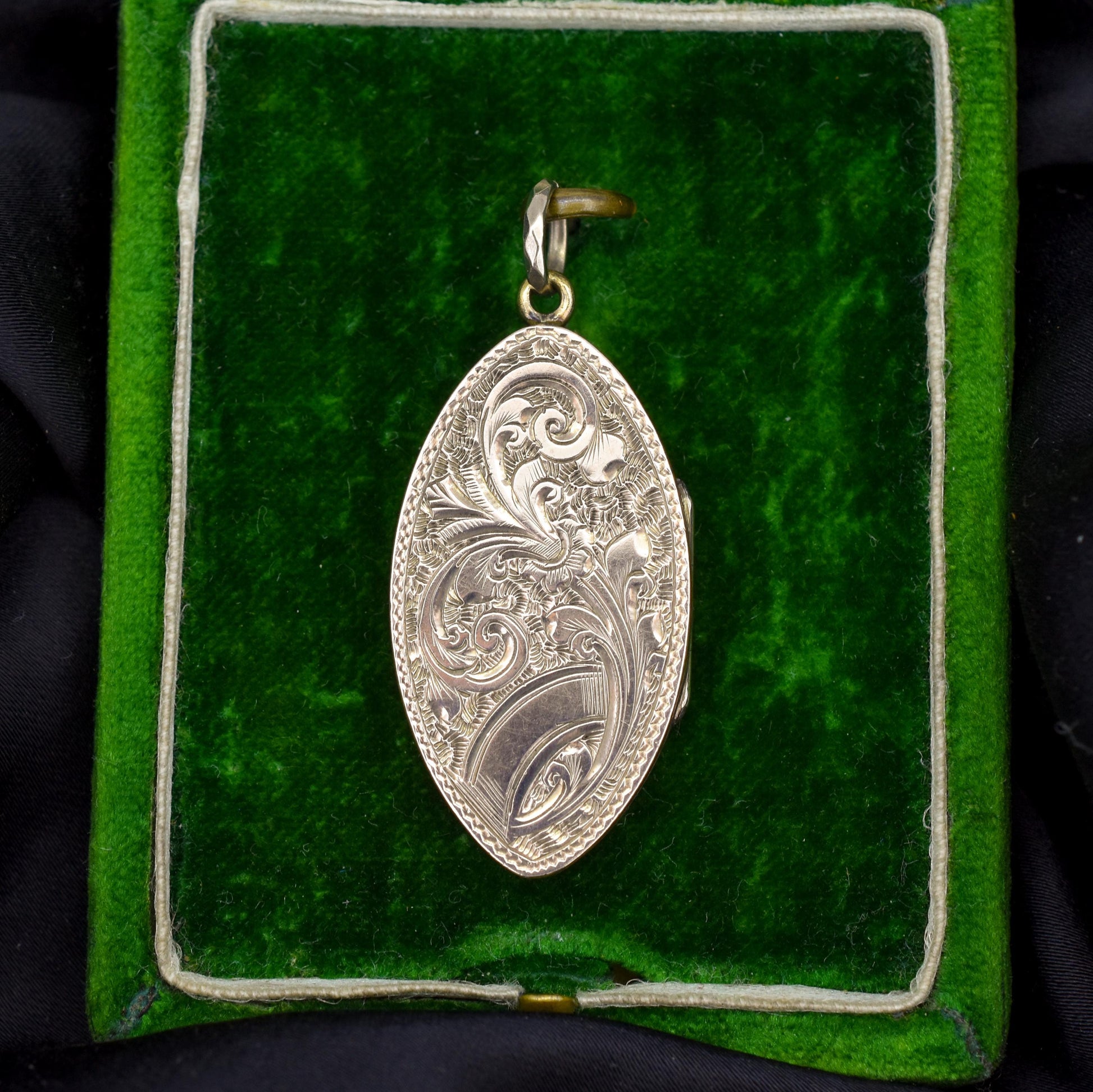 Antique Gold Engraved Fancy Navette Shaped Locket Pendant