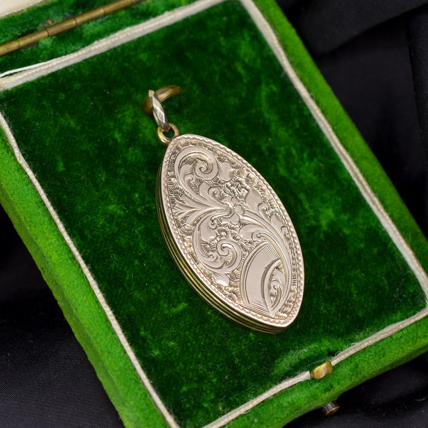 Antique Gold Engraved Fancy Navette Shaped Locket Pendant