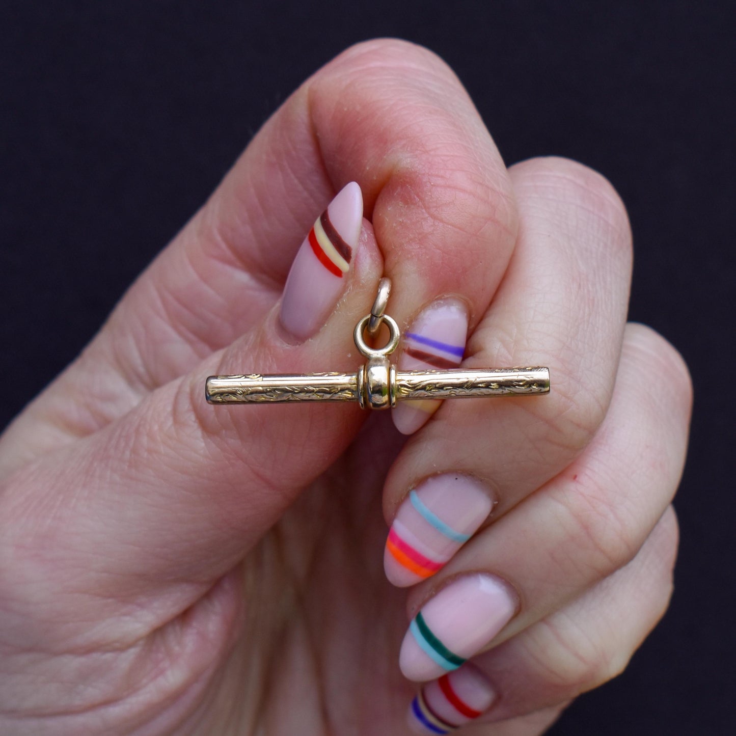 Antique 9ct Gold Engraved Fancy T-Bar Pendant Charm