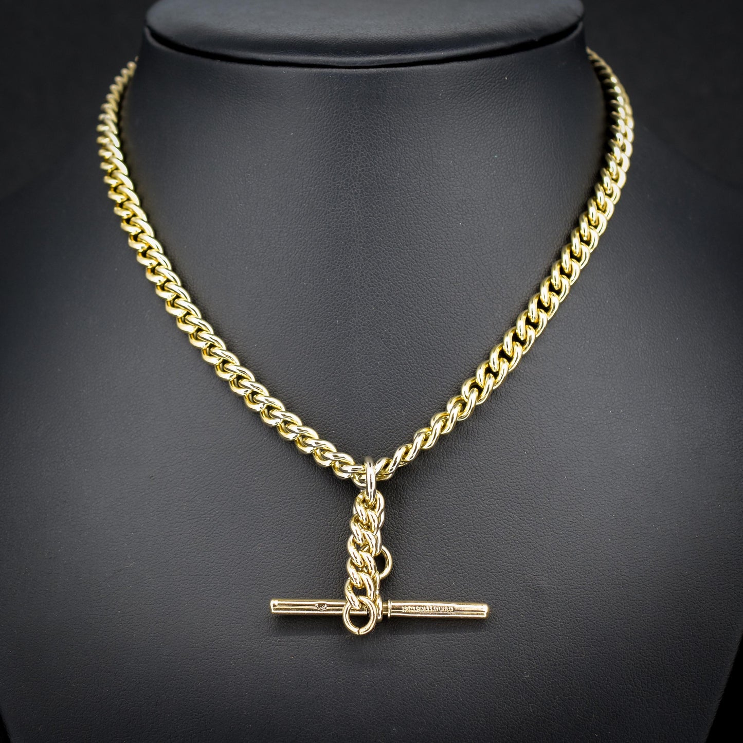 Vintage Rolled Gold Curb Albert Chain with T-Bar Slider and Double Dog Clips - 14.5"