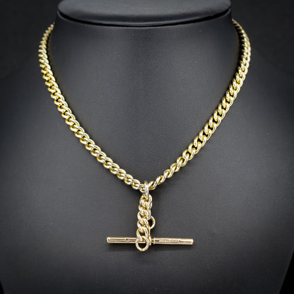 Vintage Rolled Gold Curb Albert Chain with T-Bar Slider and Double Dog Clips - 14.5"
