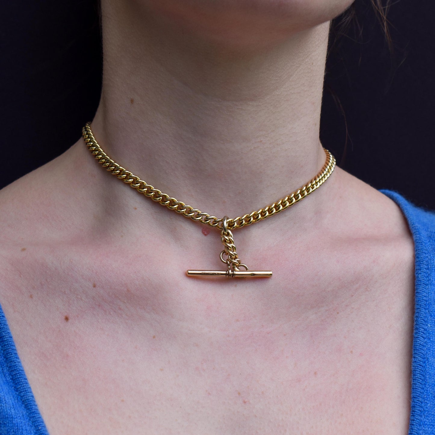 Vintage Rolled Gold Curb Albert Chain with T-Bar Slider and Double Dog Clips - 14.5"