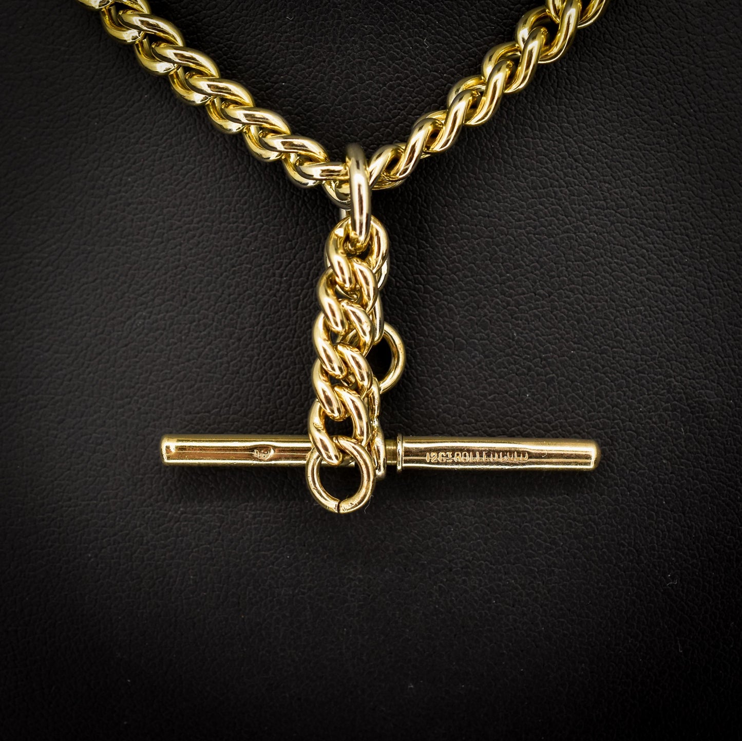 Vintage Rolled Gold Curb Albert Chain with T-Bar Slider and Double Dog Clips - 14.5"