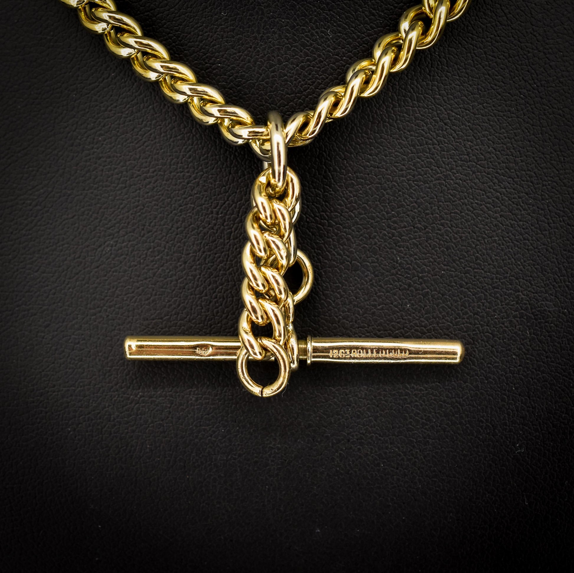 Vintage Rolled Gold Curb Albert Chain with T-Bar Slider and Double Dog Clips - 14.5"