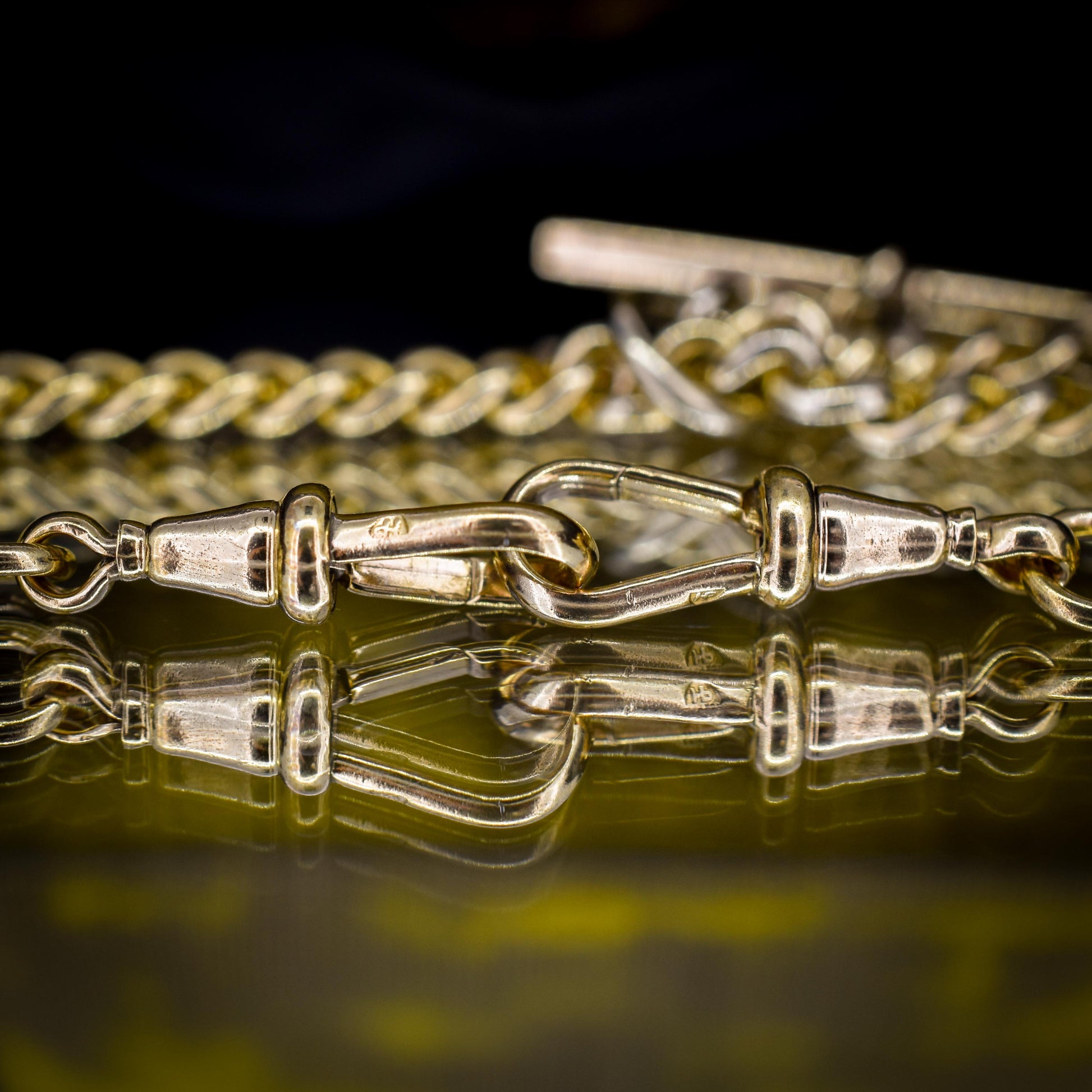 Vintage Rolled Gold Curb Albert Chain with T-Bar Slider and Double Dog Clips - 14.5"