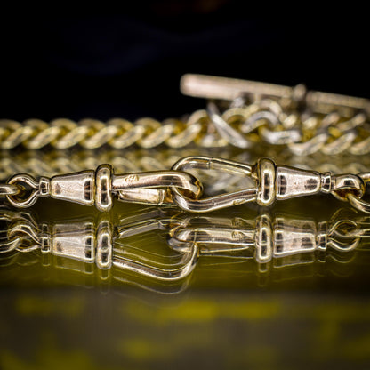 Vintage Rolled Gold Curb Albert Chain with T-Bar Slider and Double Dog Clips - 14.5"