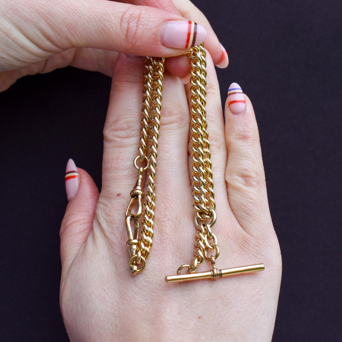 Vintage Rolled Gold Curb Albert Chain with T-Bar Slider and Double Dog Clips - 14.5"