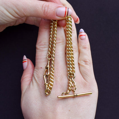 Vintage Rolled Gold Curb Albert Chain with T-Bar Slider and Double Dog Clips - 14.5"