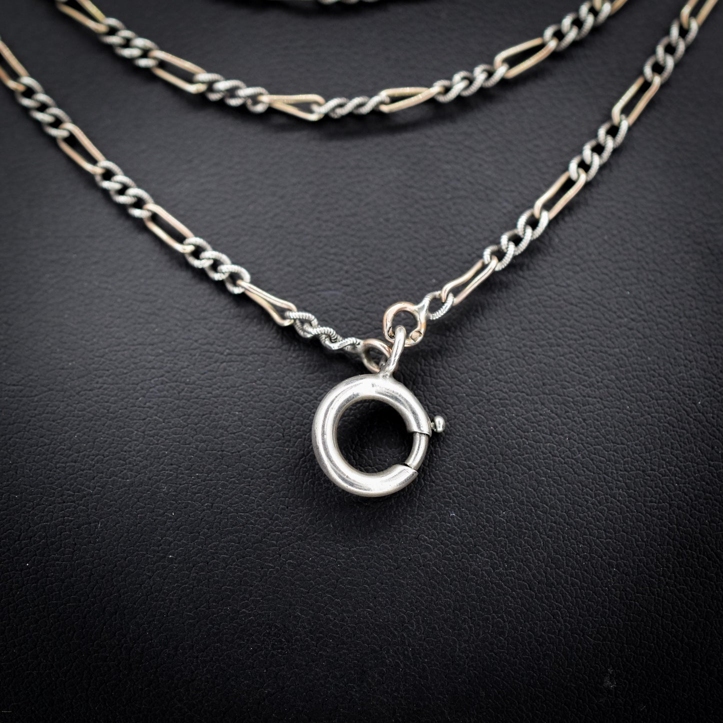 Antique French Niello Silver and Gold Figaro Guard Chain Necklace | 61"