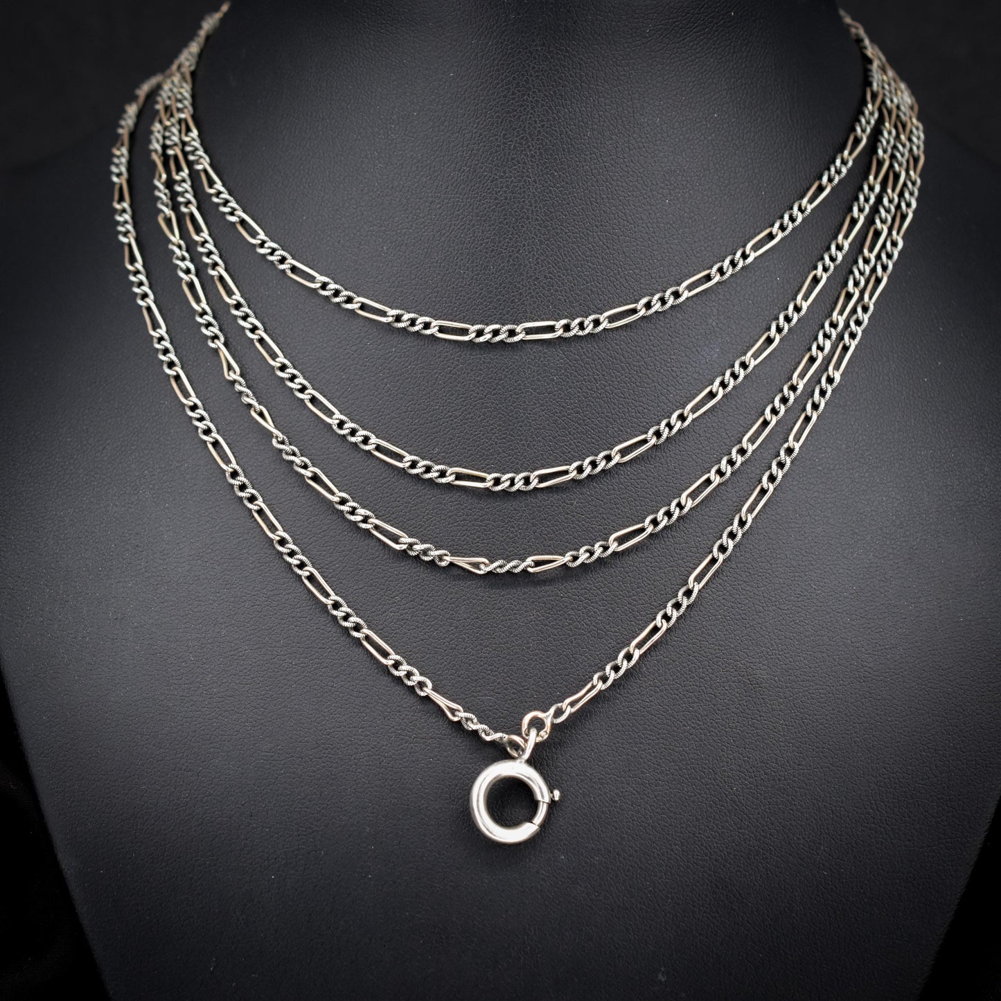 Antique French Niello Silver and Gold Figaro Guard Chain Necklace | 61"