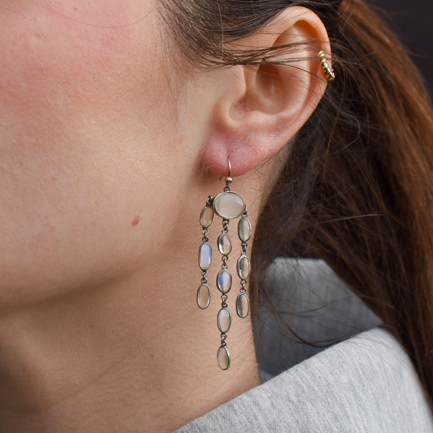 Antique Moonstone Silver Chandelier Drop Earrings