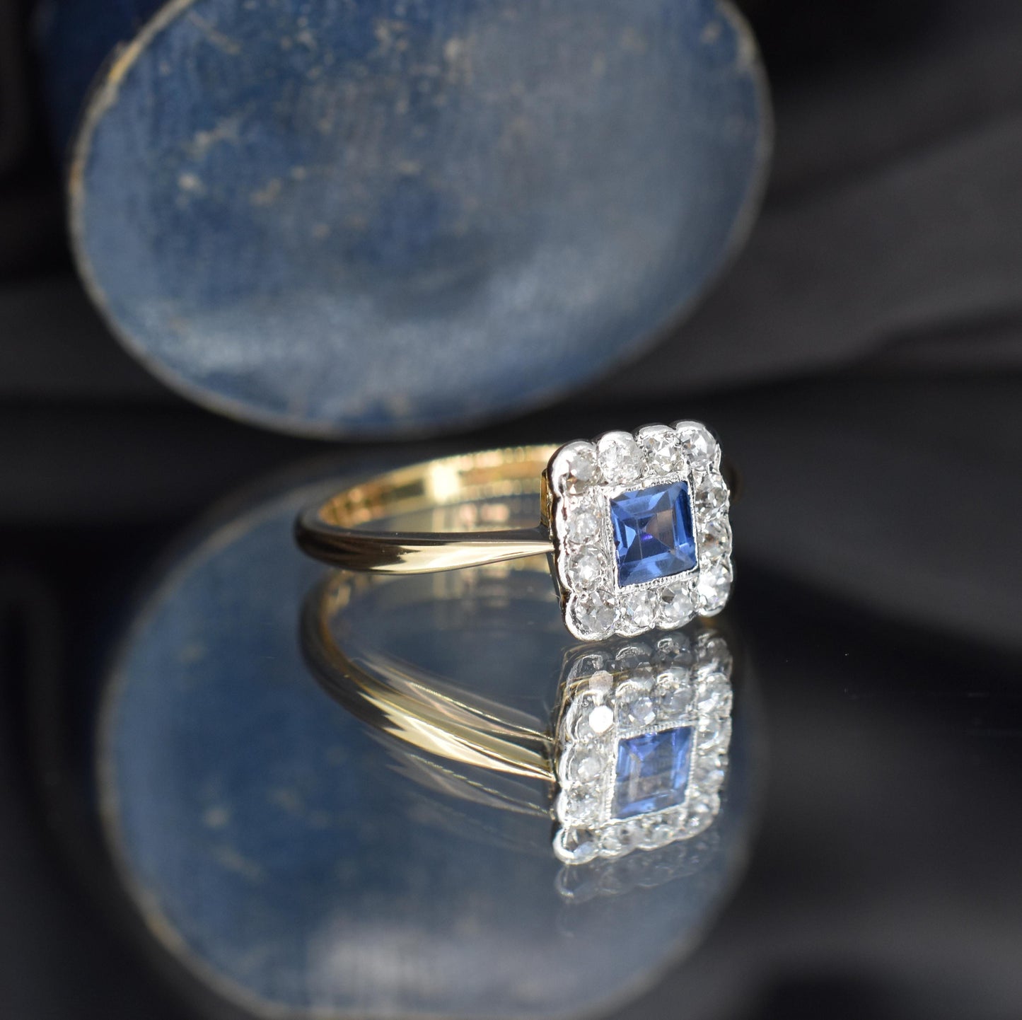 Antique Sapphire and Diamond Cluster 18ct Gold and Platinum Ring