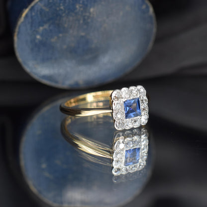 Antique Sapphire and Diamond Cluster 18ct Gold and Platinum Ring