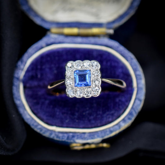 Antique Sapphire and Diamond Cluster 18ct Gold and Platinum Ring