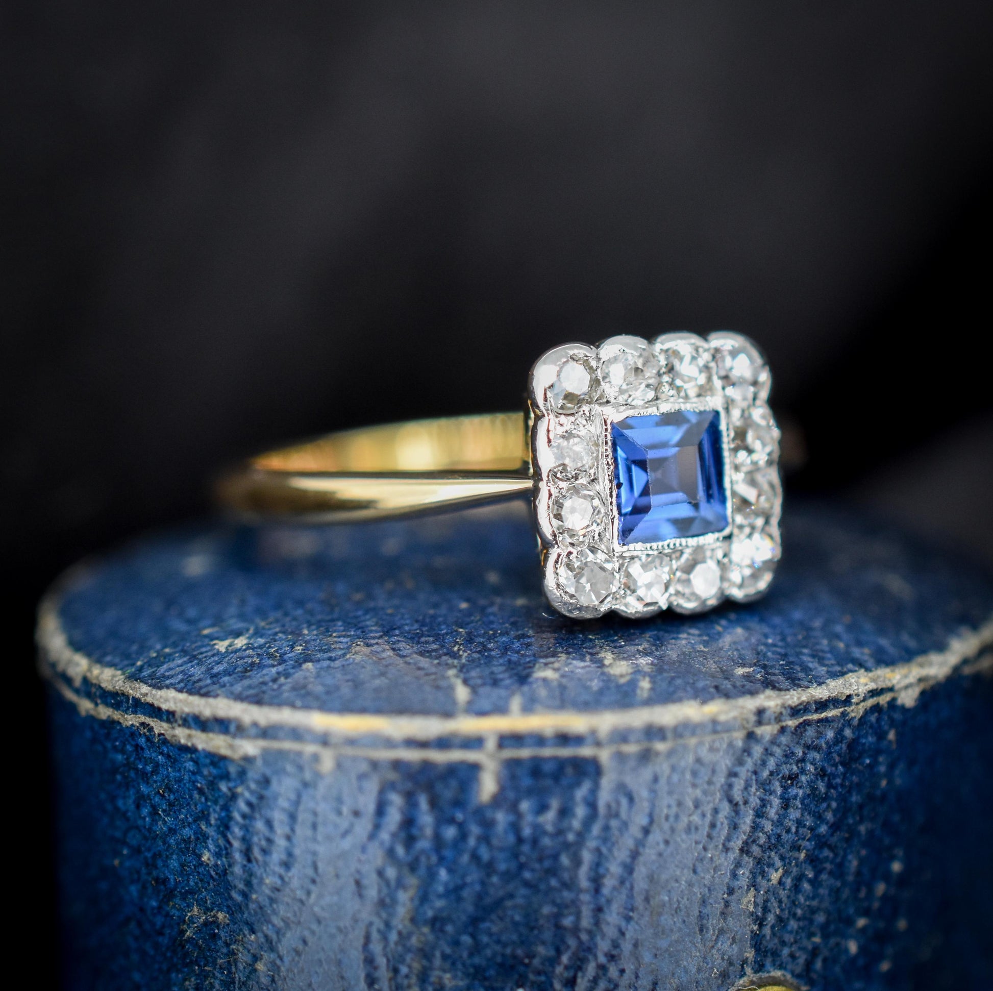 Antique Sapphire and Diamond Cluster 18ct Gold and Platinum Ring