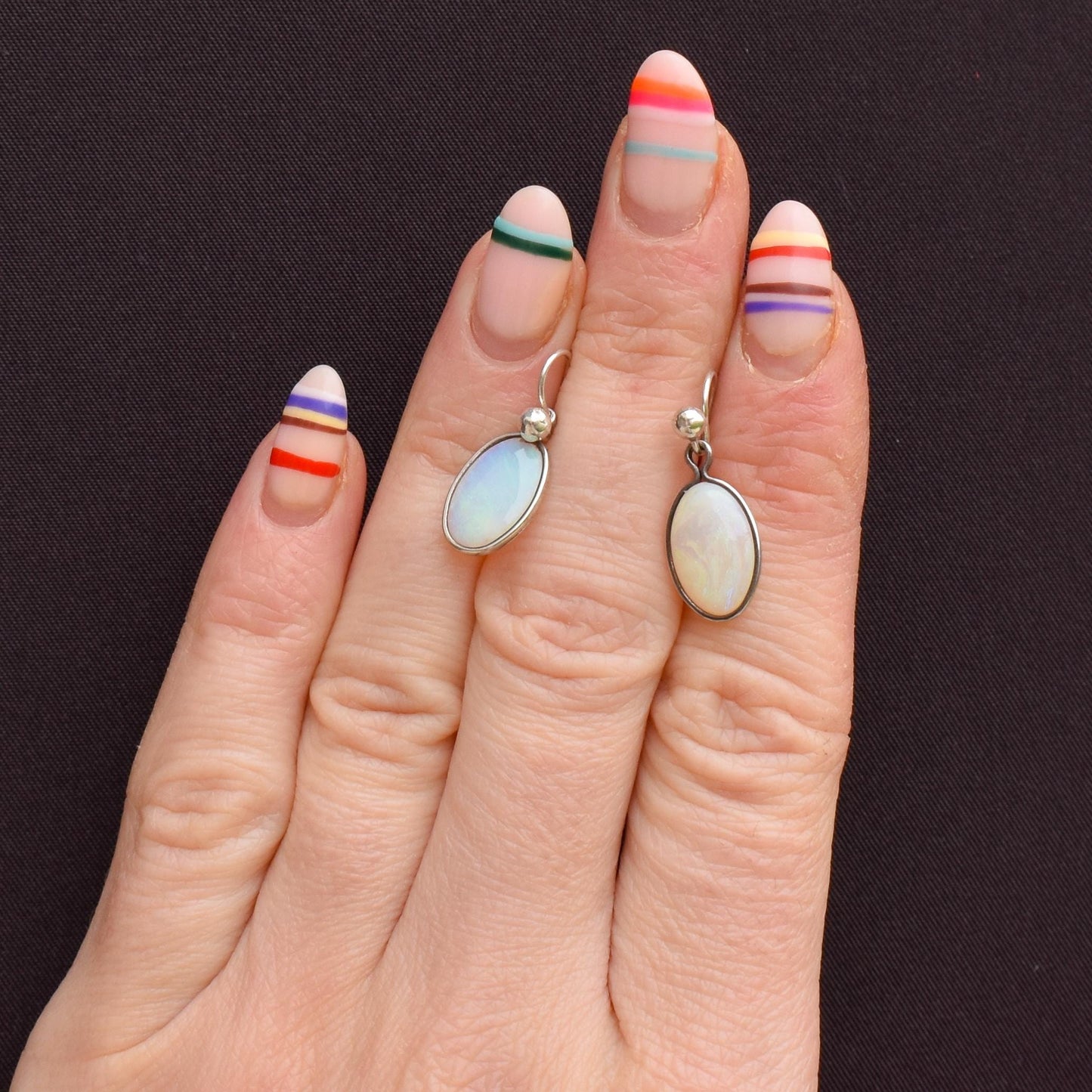 Vintage Natural Opal Oval Bezel Silver Drop Earrings