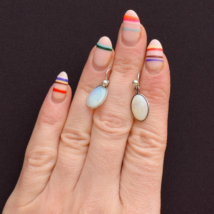 Vintage Natural Opal Oval Bezel Silver Drop Earrings