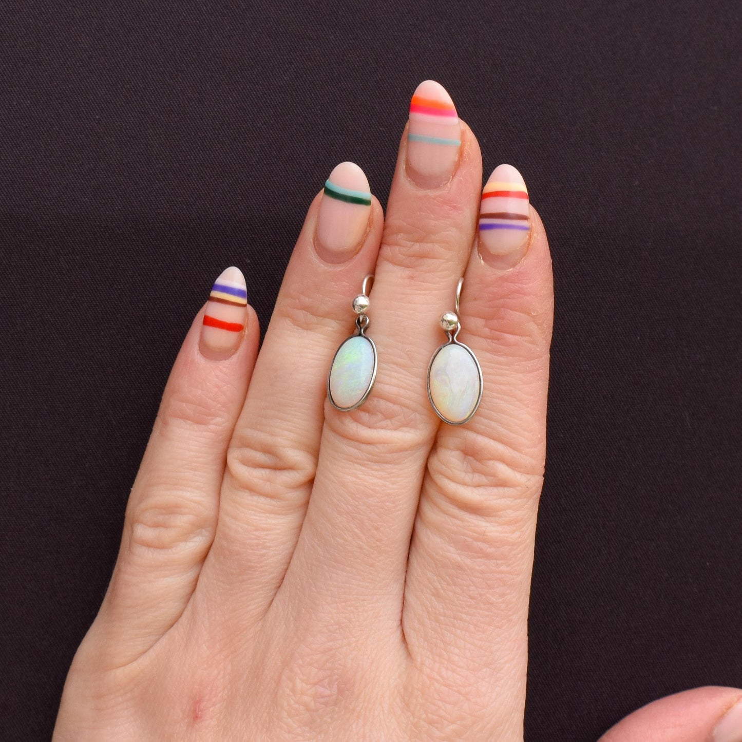 Vintage Natural Opal Oval Bezel Silver Drop Earrings