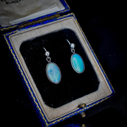 Vintage Natural Opal Oval Bezel Silver Drop Earrings