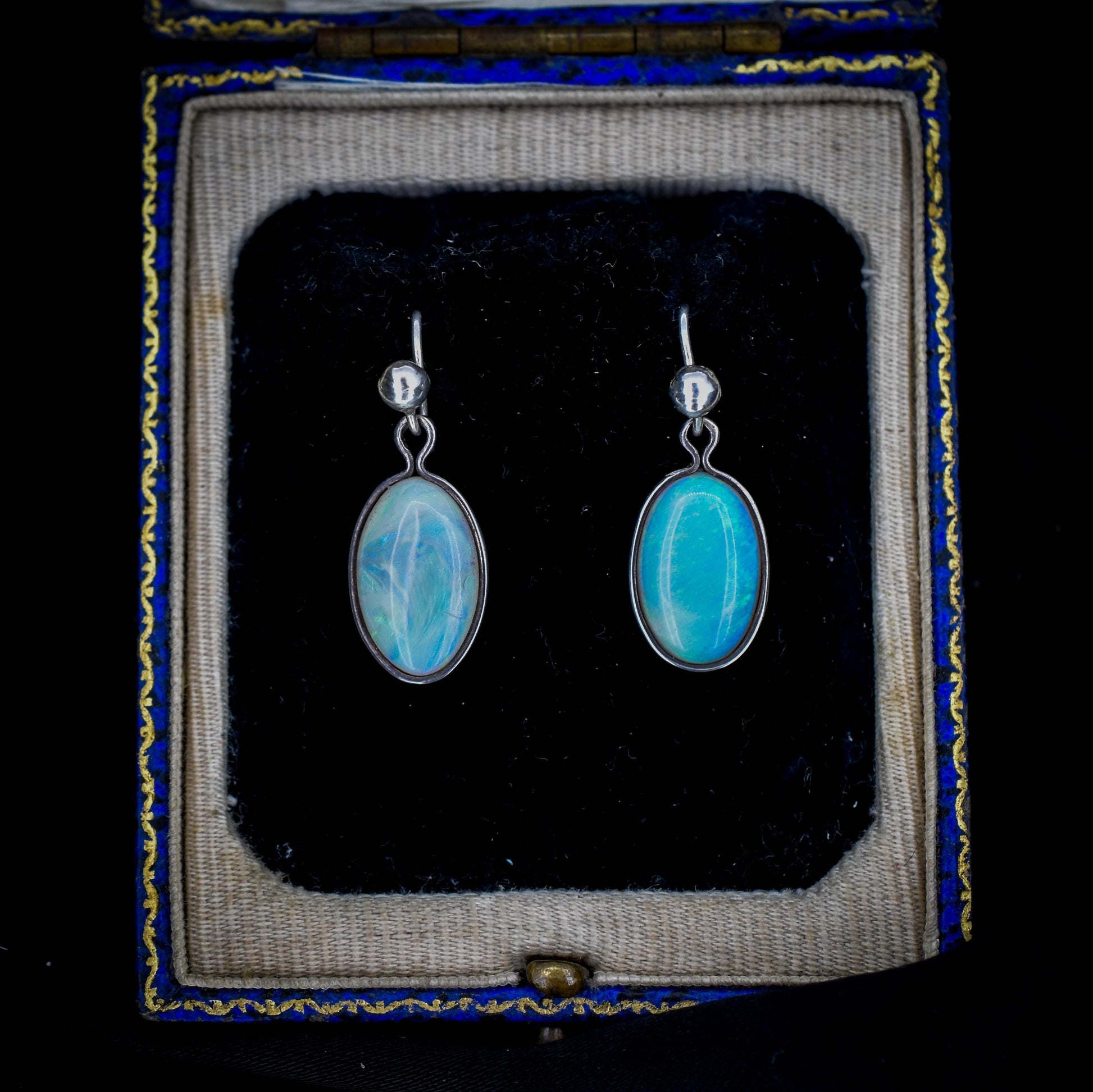 Vintage Natural Opal Oval Bezel Silver Drop Earrings