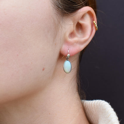 Vintage Natural Opal Oval Bezel Silver Drop Earrings