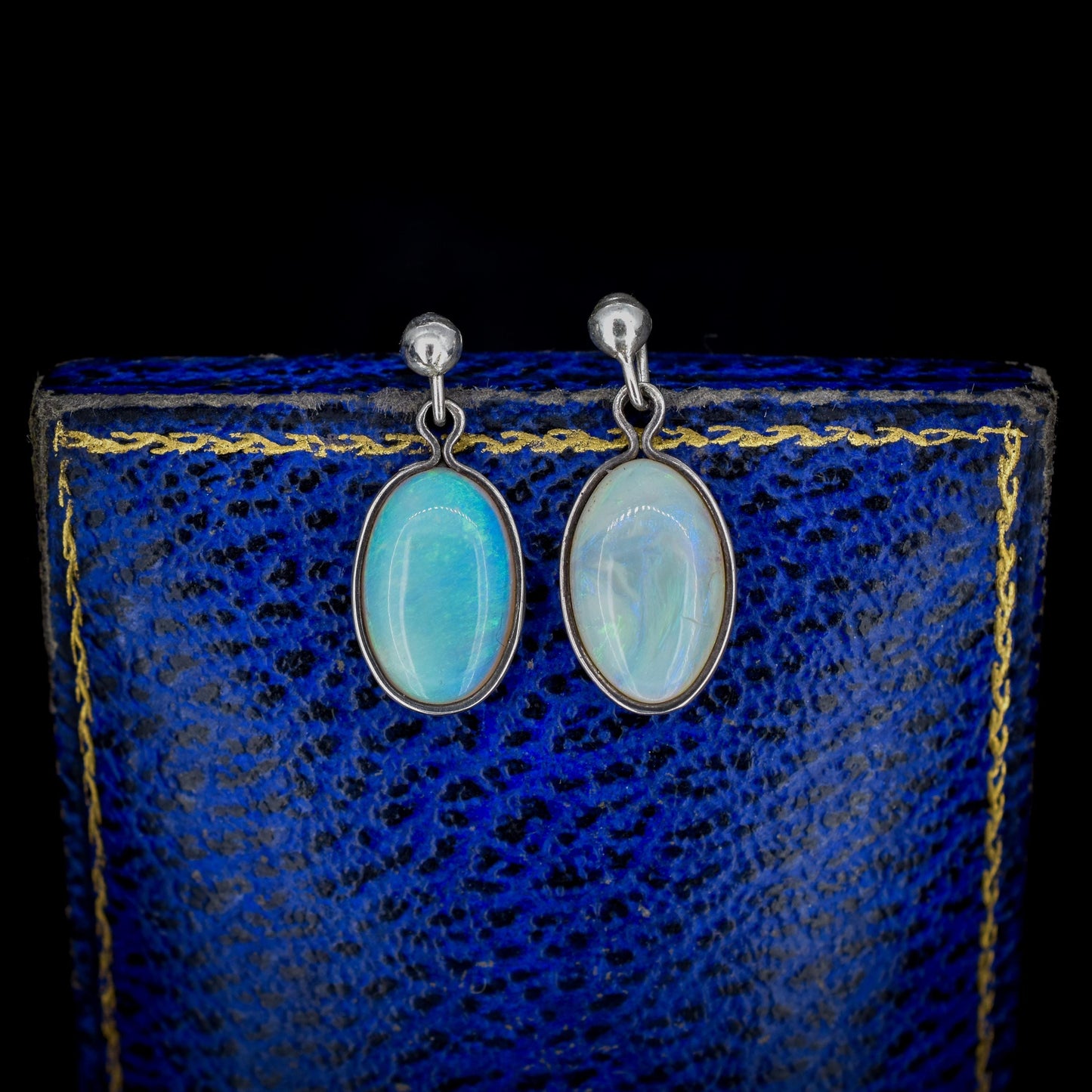 Vintage Natural Opal Oval Bezel Silver Drop Earrings