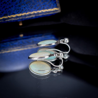 Vintage Natural Opal Oval Bezel Silver Drop Earrings