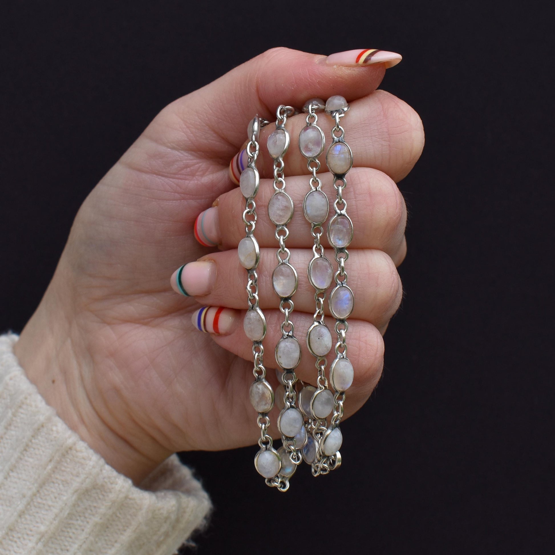 Vintage Moonstone Silver 29" Long Chain Necklace