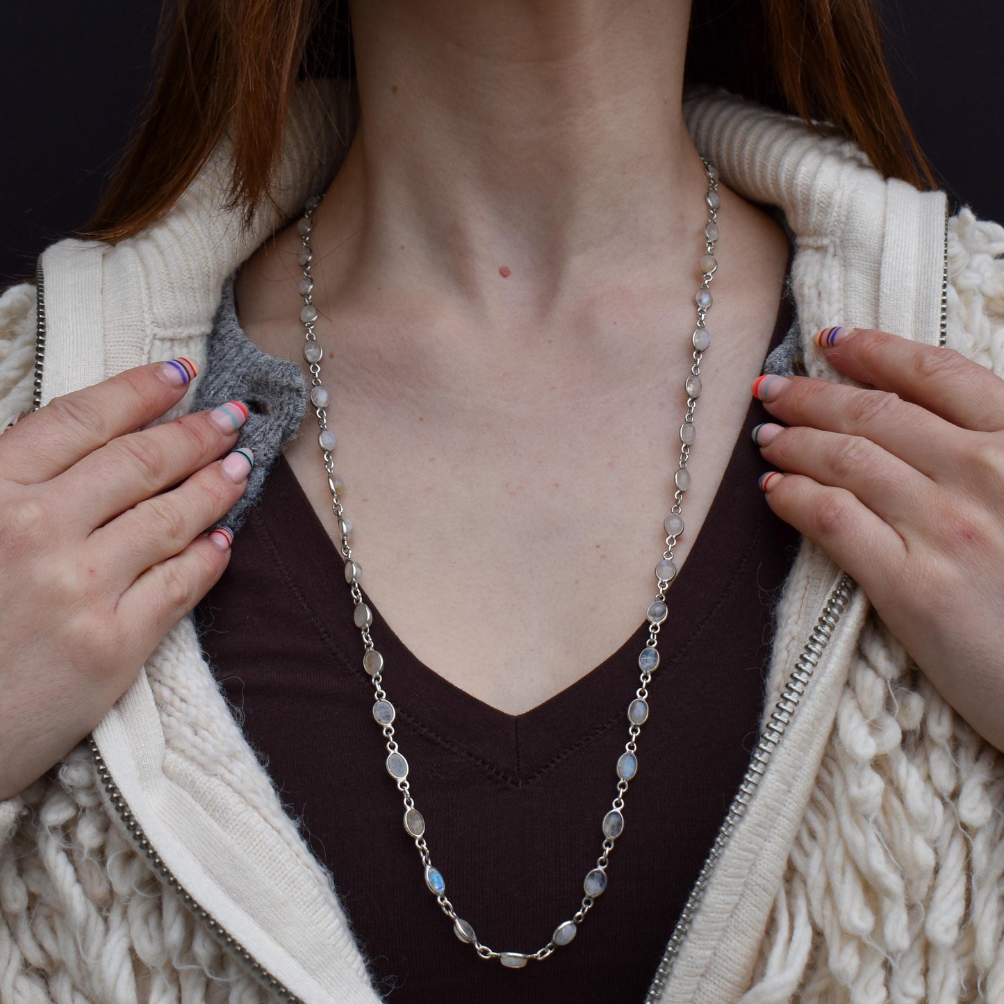 Vintage Moonstone Silver 29" Long Chain Necklace