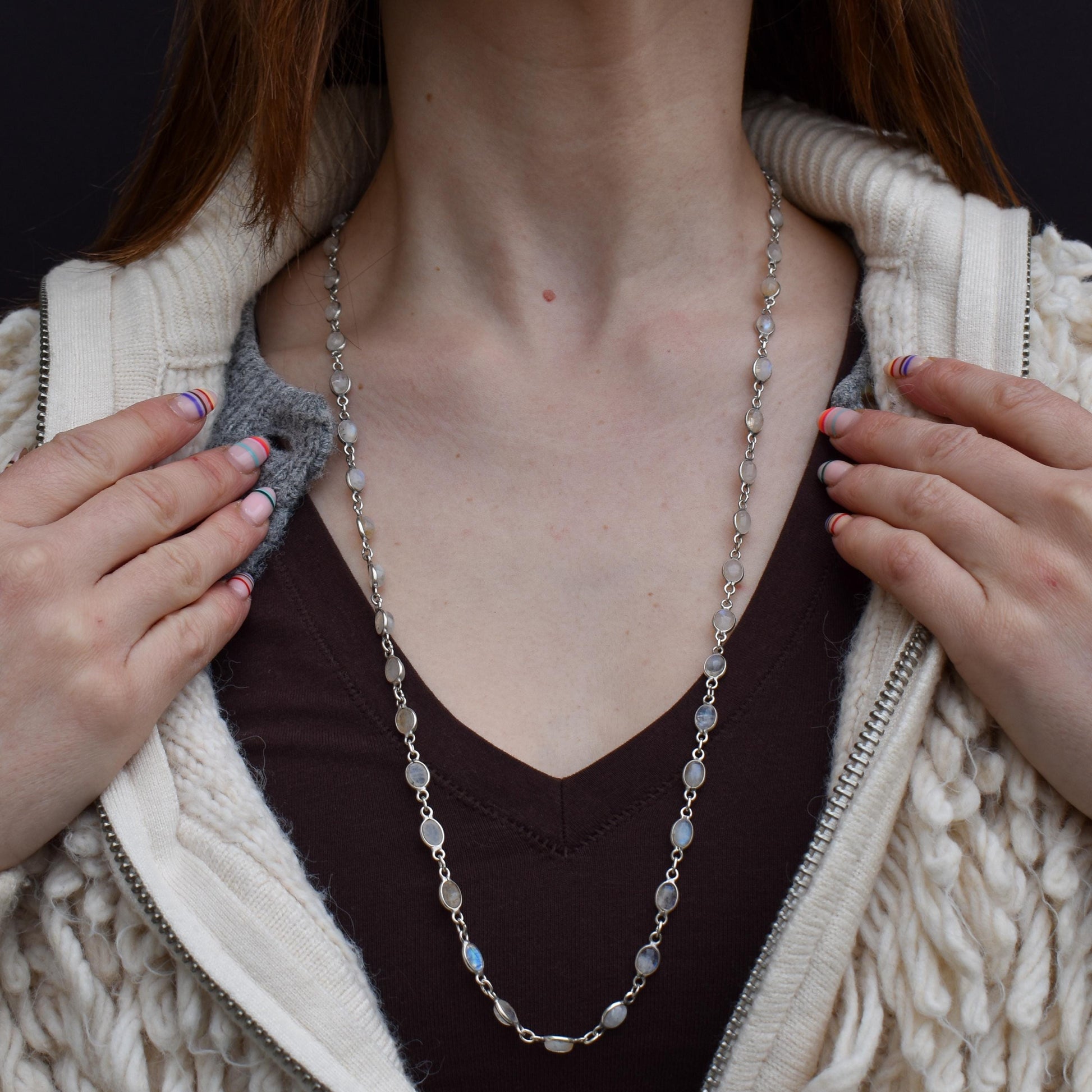 Vintage Moonstone Silver 29" Long Chain Necklace
