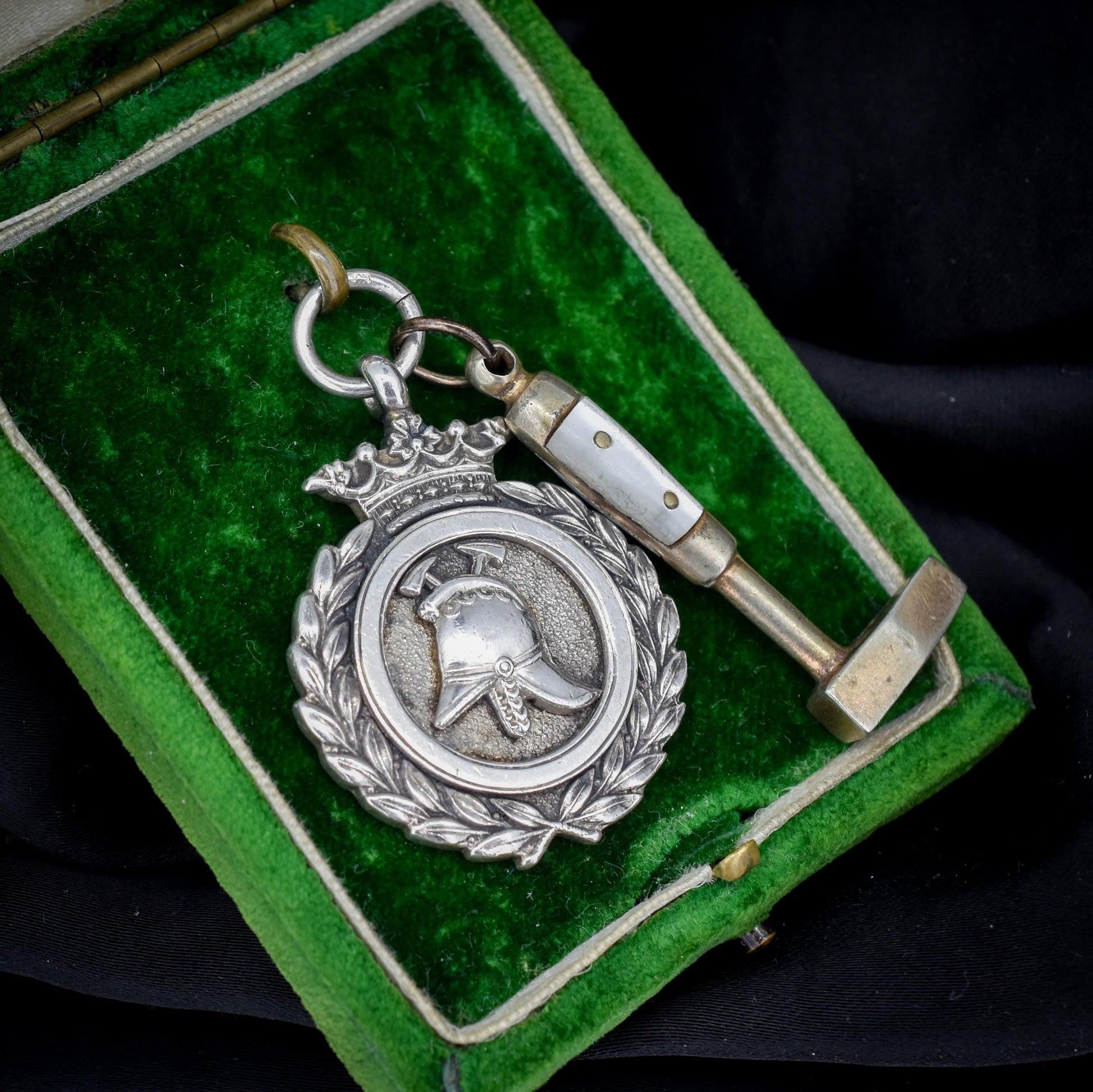 Art Deco '1931' Silver Fireman Medal and Mother of Pearl Hammer Pendant