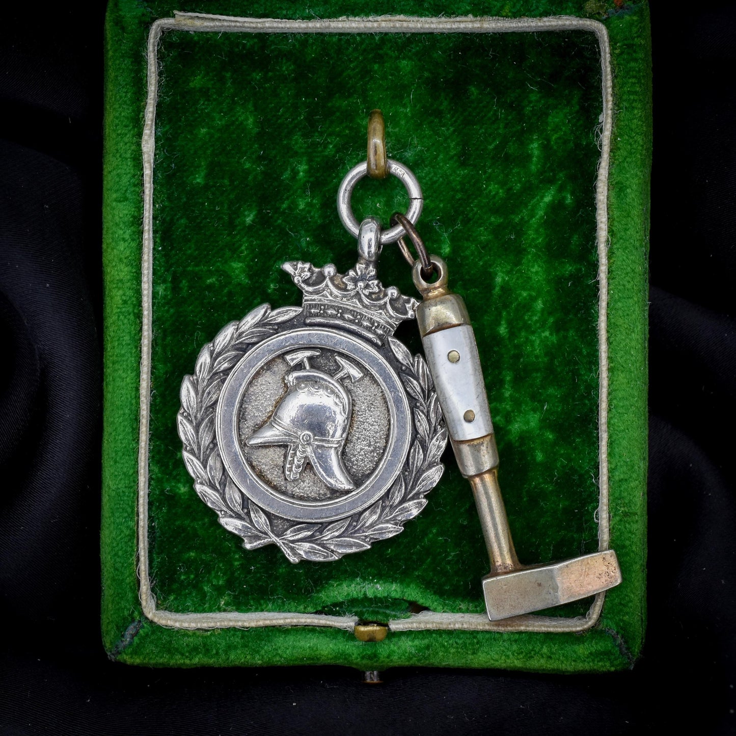 Art Deco '1931' Silver Fireman Medal and Mother of Pearl Hammer Pendant
