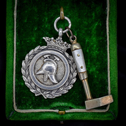 Art Deco '1931' Silver Fireman Medal and Mother of Pearl Hammer Pendant
