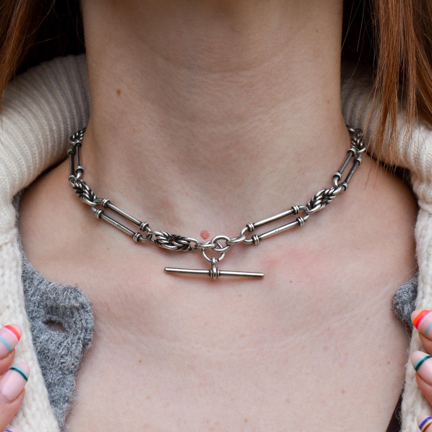 Antique Sterling Silver Trombone and Love Knot Albert Chain | 14.75"