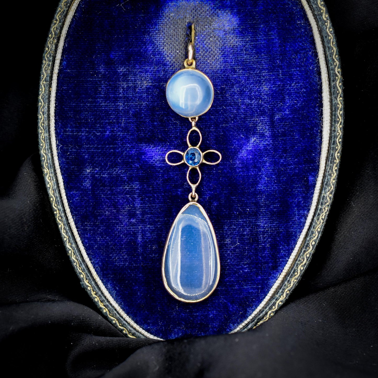 Antique Moonstone and Sapphire 9ct Gold Drop Pendant