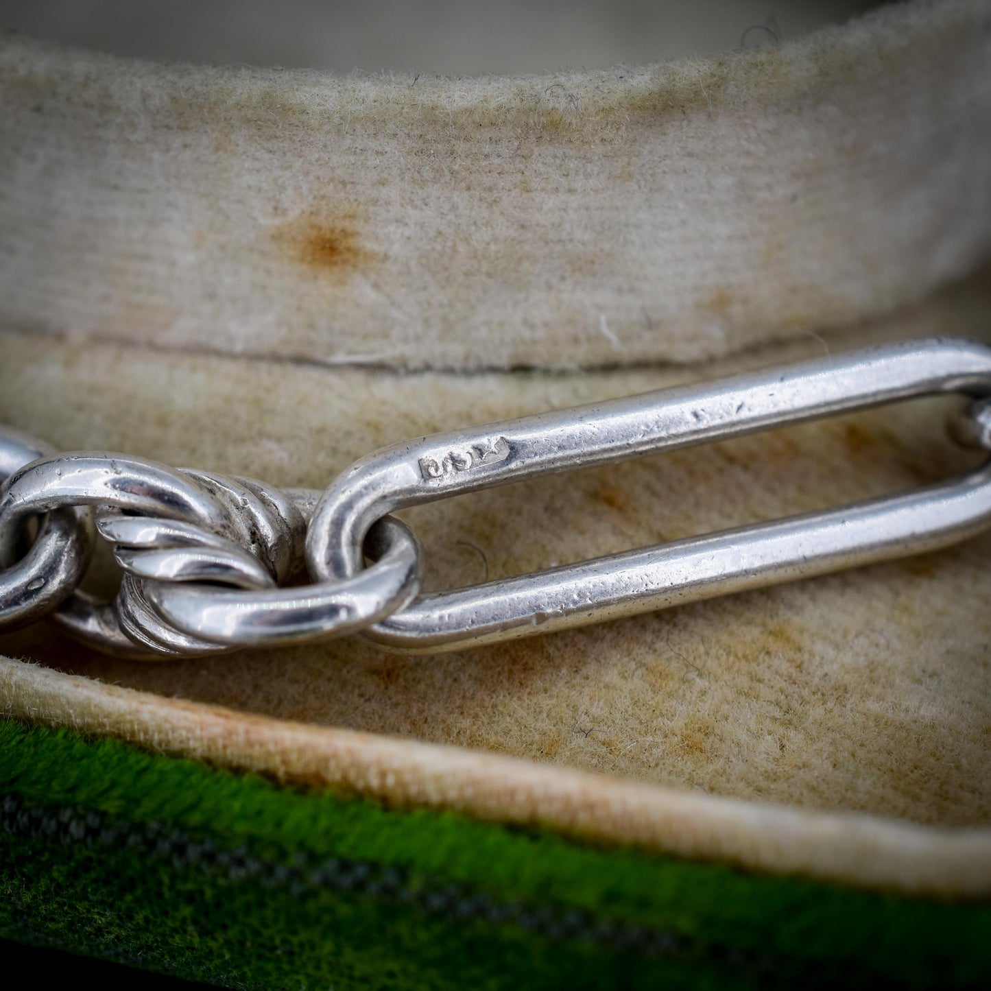 Antique Sterling Silver Trombone and Love Knot Link Bracelet with Dog Clip | 8.75"