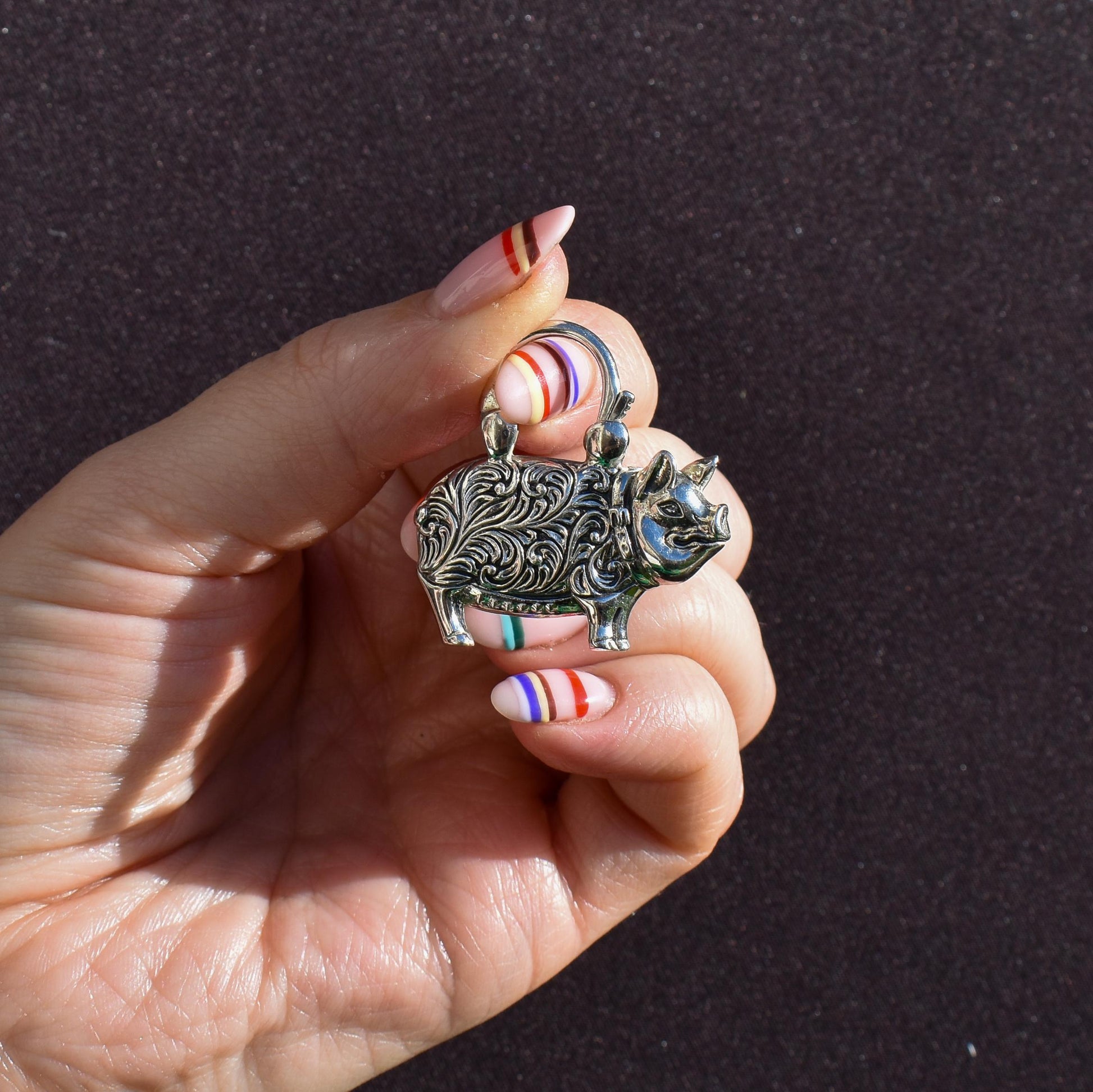 Antique Style Sterling Silver Lucky Pig Agate Padlock Charm