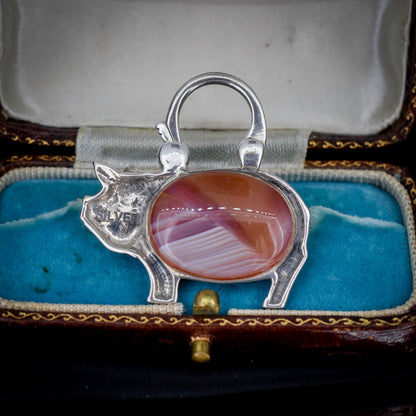Antique Style Sterling Silver Lucky Pig Agate Padlock Charm