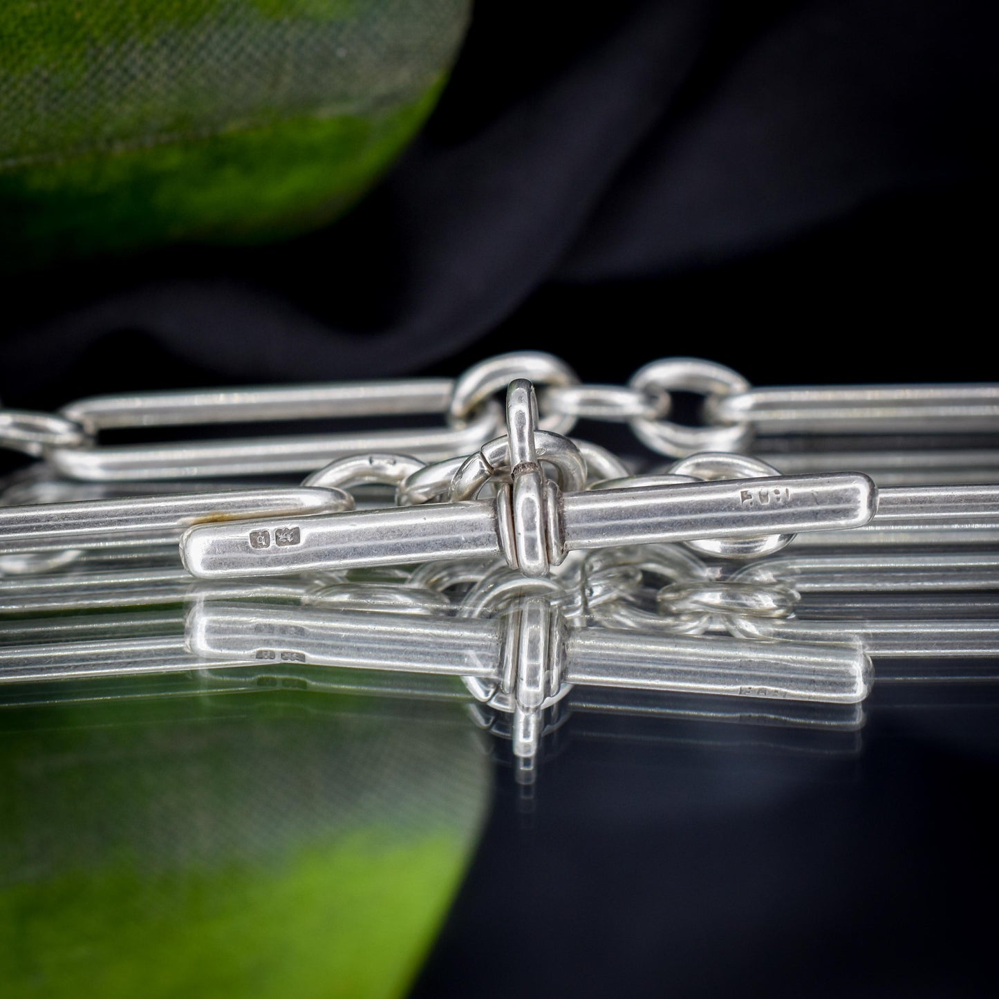 Antique Sterling Silver Trombone Watch Chain with Dog Clips and T Bar | 15"