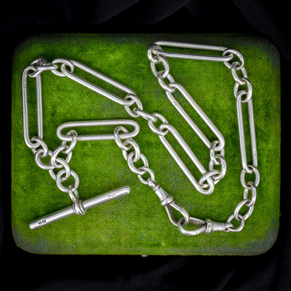 Antique Sterling Silver Trombone Watch Chain with Dog Clips and T Bar | 15"