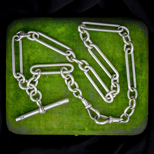 Antique Sterling Silver Trombone Watch Chain with Dog Clips and T Bar | 15"