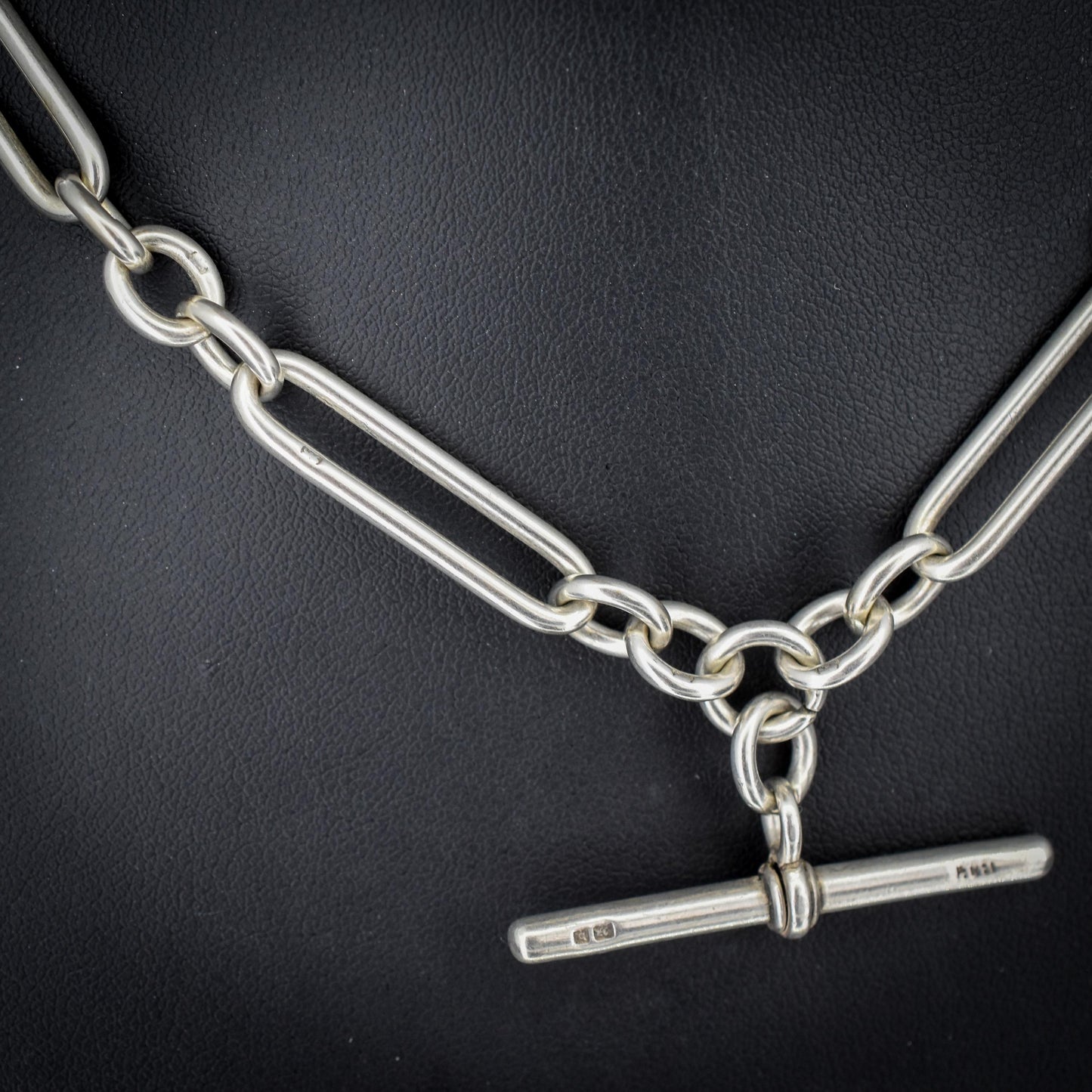 Antique Sterling Silver Trombone Watch Chain with Dog Clips and T Bar | 15"