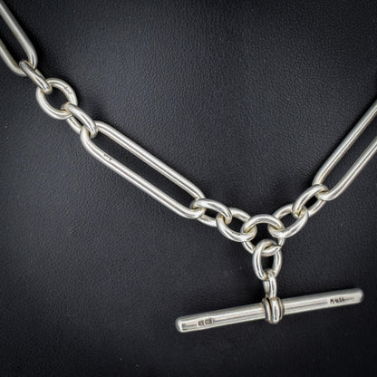 Antique Sterling Silver Trombone Watch Chain with Dog Clips and T Bar | 15"