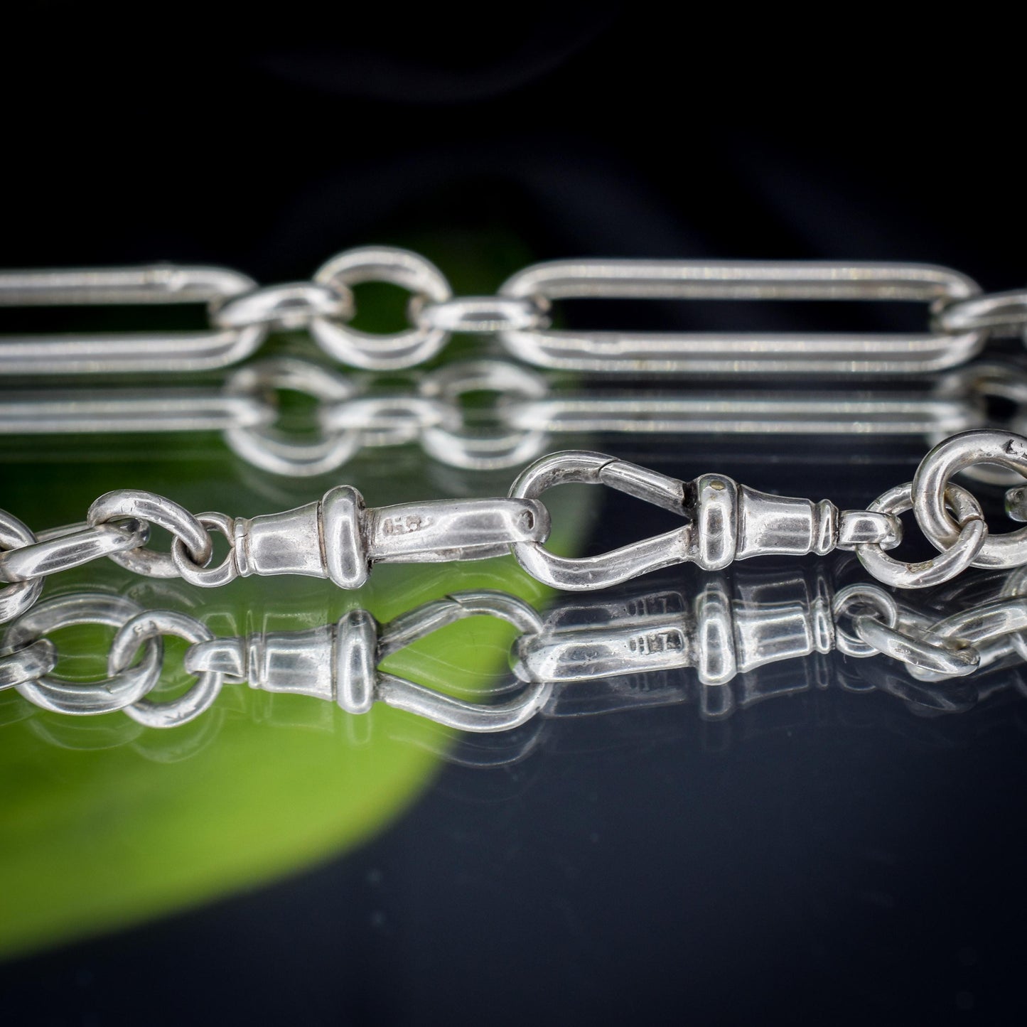 Antique Sterling Silver Trombone Watch Chain with Dog Clips and T Bar | 15"