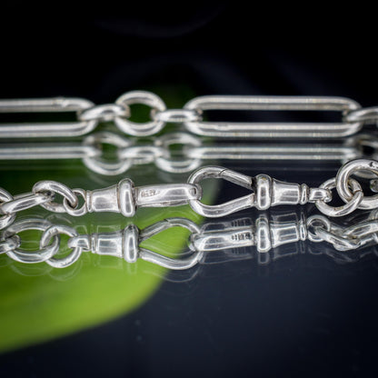 Antique Sterling Silver Trombone Watch Chain with Dog Clips and T Bar | 15"