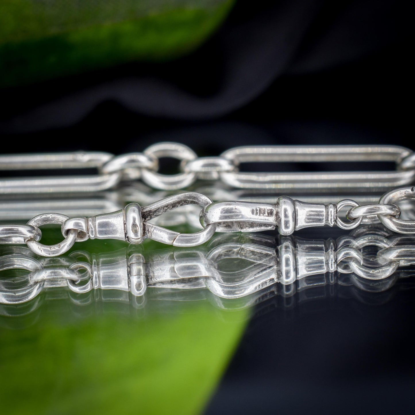 Antique Sterling Silver Trombone Watch Chain with Dog Clips and T Bar | 15"