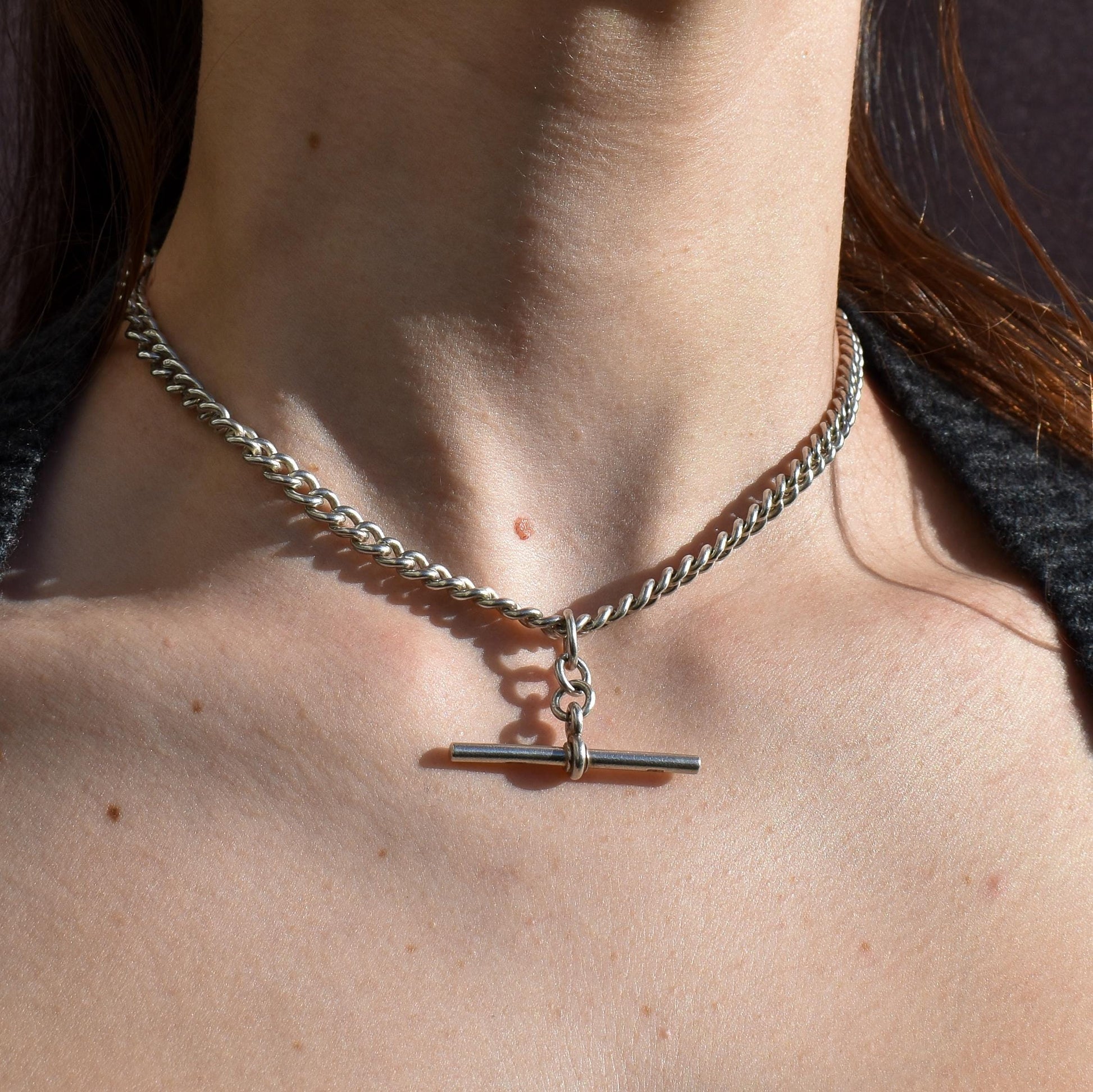 Antique Sterling Silver Curb Link Albert Watch Chain Necklace with Sliding T-Bar and Dog Clips – 15"